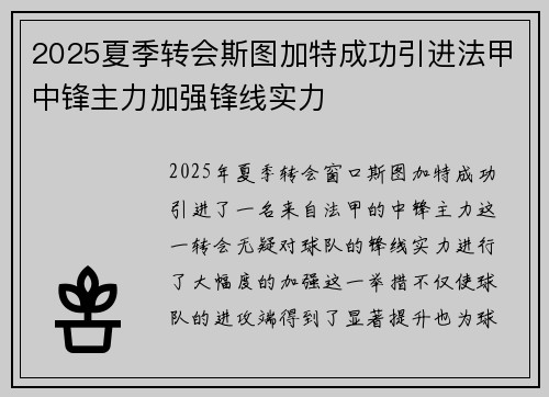 2025夏季转会斯图加特成功引进法甲中锋主力加强锋线实力 2025夏季转会斯图加特成功引进法甲中锋主力加强锋线实力