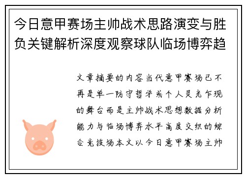 今日意甲赛场主帅战术思路演变与胜负关键解析深度观察球队临场博弈趋势